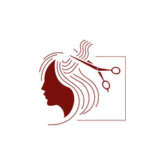 hairdressing salon hair stylist logo. beauty girl face with long hair and scissors vector