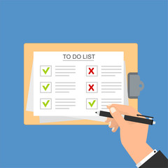 Hands holding clipboard with to-do list template and pencil. filling out forms design vector illustration template
