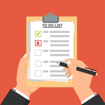 Male hand signing document. Hand filling checklist on clipboard. Form illustration with man signing a paper work document. Modern flat design concept for web banners, web sites, infographics.