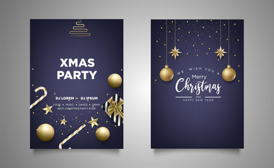 christmas banner, greeting card with realistic decorative elements on wood background
