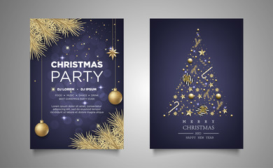 christmas banner, greeting card with realistic decorative elements on wood background