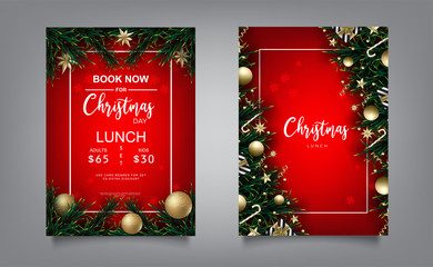 christmas banner, greeting card with realistic decorative elements on wood background