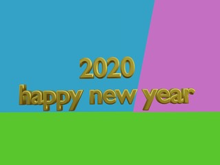 3d gold texts 2020 happy new year on pink blue and green background .3D render