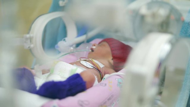 Newborn baby in infant incubator at a hospital.