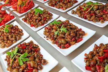 Fried crayfish in the kitchen and snail