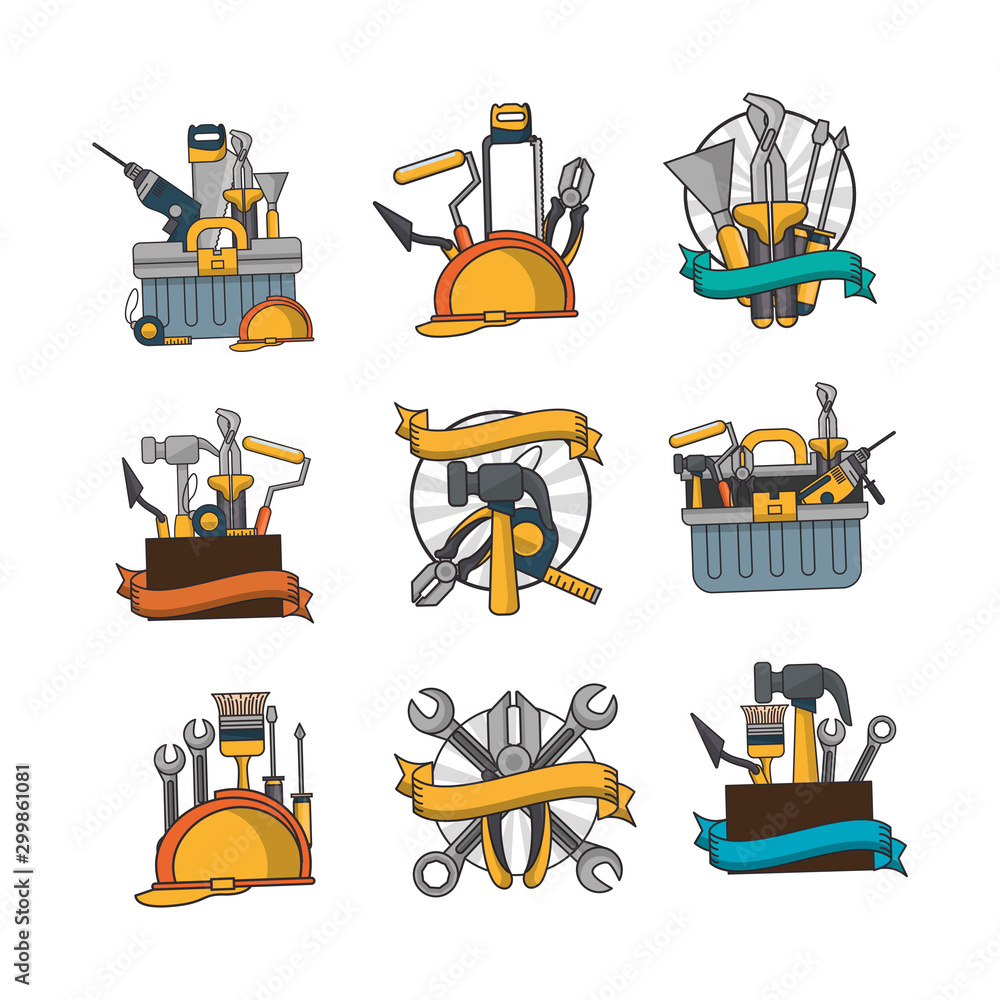 Wall mural bundle of construction tools set icons