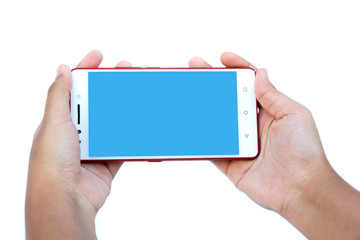 Two hands are playing a smartphone texture White background