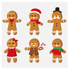 Set of cute cartoon gingerbread man cookies Clip-art. Christmas vector illustration.