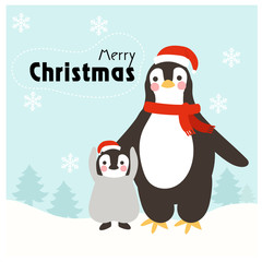 Christmas greeting card ,Cute little baby penguin and adult penguin with santa hat. Merry Christmas. cartoon vector illustration.