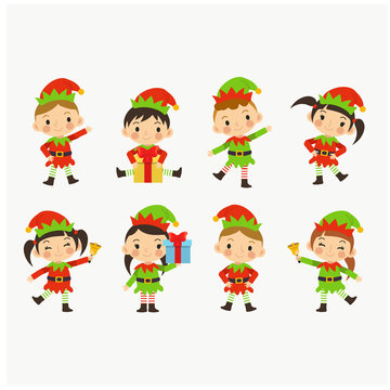Collection of Christmas Elves isolate. Little santa helper. Young lovely cute kids in Christmas Elf costume.
