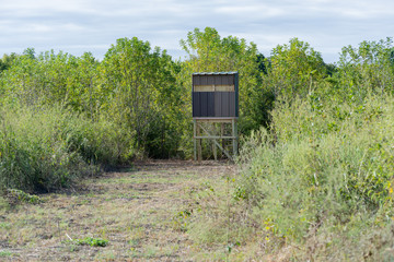 Standalone deer blind with trees in the background on a cleared path