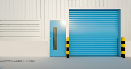 Roller door or roller shutter. Also called security door or security shutter. For protection residential and commercial building i.e. home, factory, warehouse, hangar, shop and store. 3d rendering.