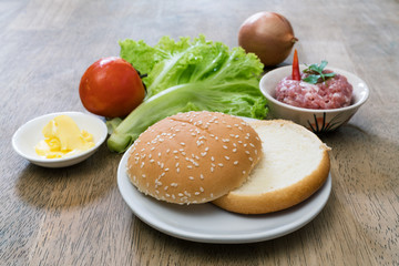 hamburger bun on dish and vegetable with minced pork,homemade