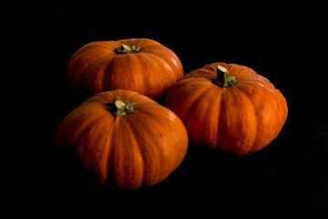Small seasonal orange pumpkins with textured background with black background