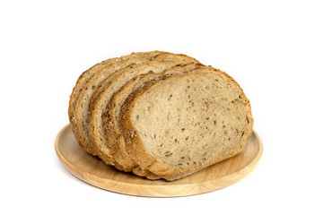 bread loaf on wooden dish, isolated on white background