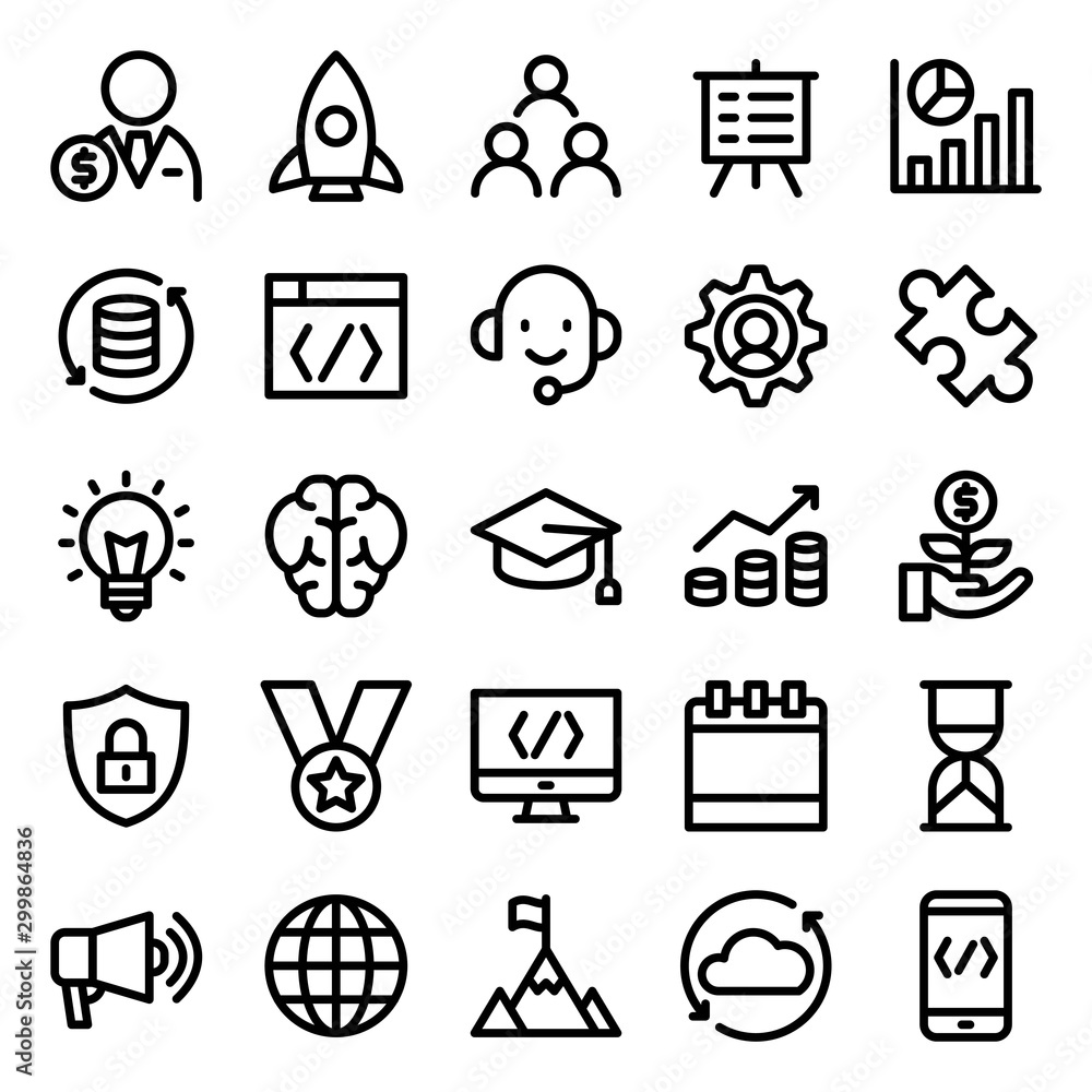 Poster set of startup business icons with simple outline style, vector eps 10