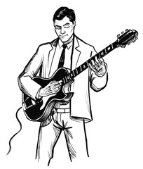 Man playing electric guitar. Ink black and white drawing