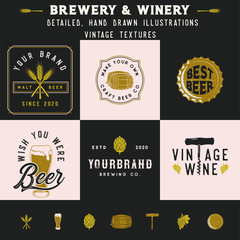 Beer, Liquor and Wine Icons and logo mockups. Textured, hand drawn illustrations.