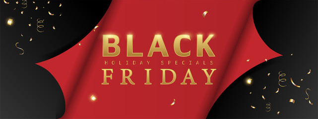 Black Friday poster. Black page curl paper with curved edges on red background. Luxury design. Vector illustration.