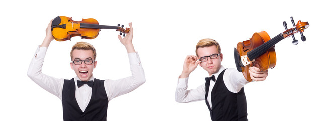 Funny violin player on white