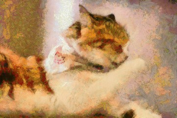 Cute cats in various gestures Illustration creating Impressionist painting.