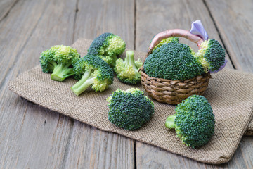 broccoli in basket  wood background