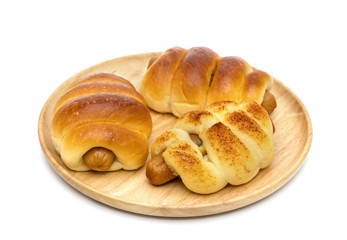 Cheese Sausage bread on wooden dish ,isolated on white background
