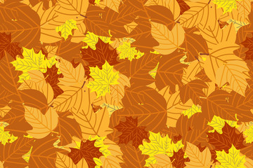 Seamless pattern. Fallen autumn foliage background. Colorful vector illustration, seasonal texture with leaves of trees. Design of websites, postcards, signs, web pages, banners.Vector illustration.