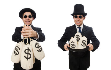 Young employee holding money bags isolated on white