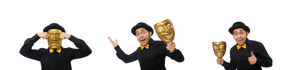 Young man with golden Venetian mask isolated on white