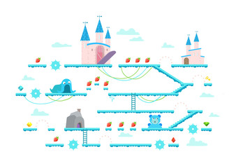 Game level interface design elements. Children game for girls. Pink castles, clouds and strawberries. Mobile platform.