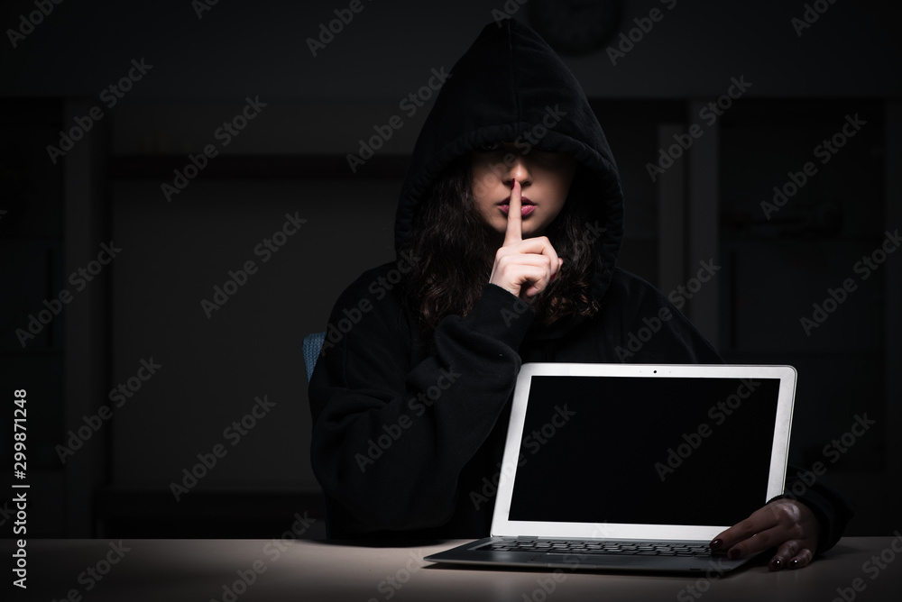 Poster female hacker hacking security firewall late in office