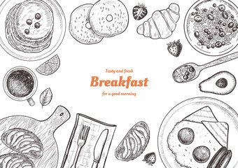 Healthy breakfast  frame. Breakfast table with pancakes, fried eggs, granola and fresh berries. Hand drawn illustration. Vintage style