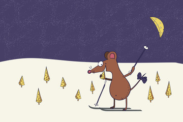 cartoon character-funny mouse goes skiing