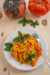 Pumpkin pasta with thyme, cream sauce and parmesan