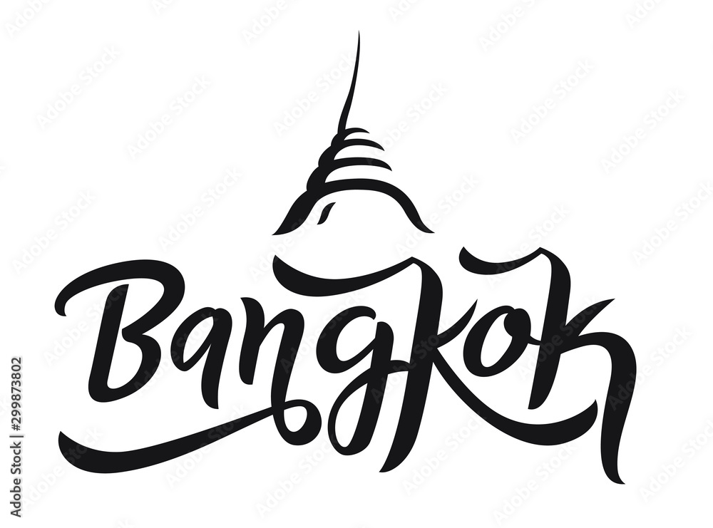 Wall mural Bangkok city typography in calligraphy style brush with symbol of temple. For Thailand concept design.