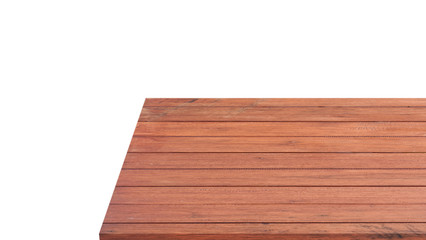 Perspective of wooden or log table corner from top view isolated on white background.