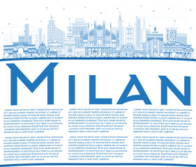 Outline Milan Italy City Skyline with Blue Buildings and Copy Space.