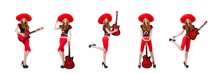 Fototapeta na wymiar Woman guitar player with sombrero on white