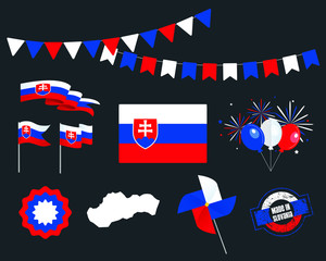National holiday. Independence Day of Slovakia, set of vector design elements, Made in Slovakia. Map, flags, ribbons, turntables, sockets. Vector symbolism, set for your infographics. 1st of January