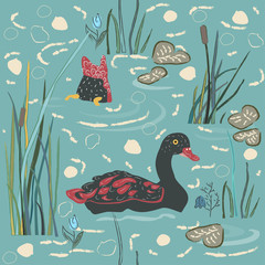 Naklejka na ściany i meble Duck Bird Seamless Pattern. Ducks on the lake.