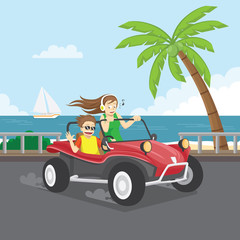 Couple rides buggy with beach background