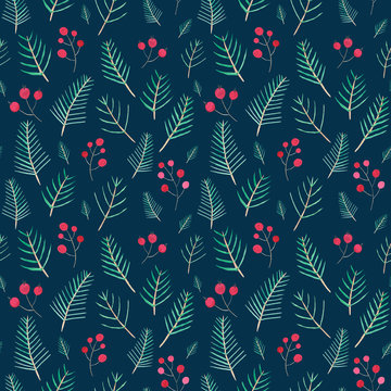 Seamless pattern. Christmas season decorative botanical elements on black background. Watercolor evergreen ilex, holly plant branches with red berries wrapping paper design