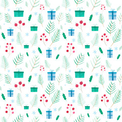 Seamless pattern. Christmas season decorative botanical elements on white background. Watercolor evergreen ilex, holly plant branches with red berries wrapping paper design