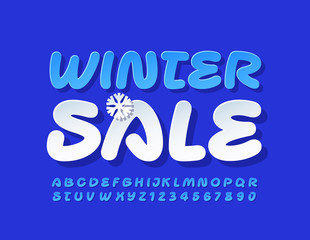 Vector colorful Banner Winter Sale with snowflake. Handwritten Blue Alphabet Letters, Numbers and Symbols. Creative bright Font.