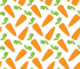 Carrot Seamless Pattern with flat orange vegetable, cartoon food illustration. Trendy background ornament. Cute print for menu, wallpaper, 100 vegan or vegetarian diet, textile design, easter, eco