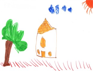 Kids drawing of the house on white sheet of paper. New home.