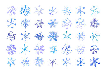 Collection of artistic blue snowflakes with watercolor texture. Stock vector set. Can be used for printed materials, prints, posters, cards, logo. Abstract background. Hand drawn decorative elements.  - 299879280