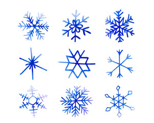 Collection of artistic blue snowflakes with watercolor texture. Stock vector set. Can be used for printed materials, prints, posters, cards, logo. Abstract background. Hand drawn decorative elements. 