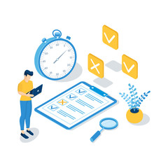 Concept of online exam, online testing, questionnaire form, online education, survey, internet quiz. Isometric vector illustration. © Arina